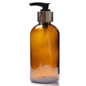 200ml Amber glass Boston Bottle w silver pump