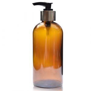 250ml Amber glass Boston Bottle w silver pump