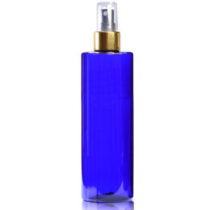 250ml Blue plastic bottle with black gold spray