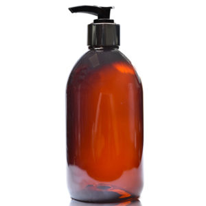 300ml amber plastic Sirop bottle with silver pump gb